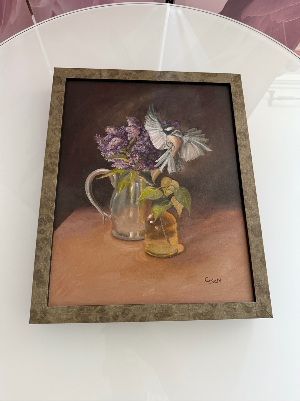 Original Framed Still Life Painting βThe Birdβs Crash Landingβ by Grace Diehl